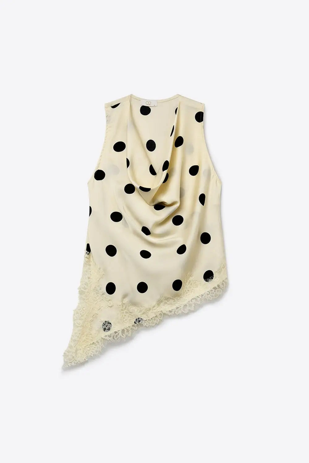 Cream Polka-Dot Satin Lace Trim Asymmetrical Sleeveless Top - Tops