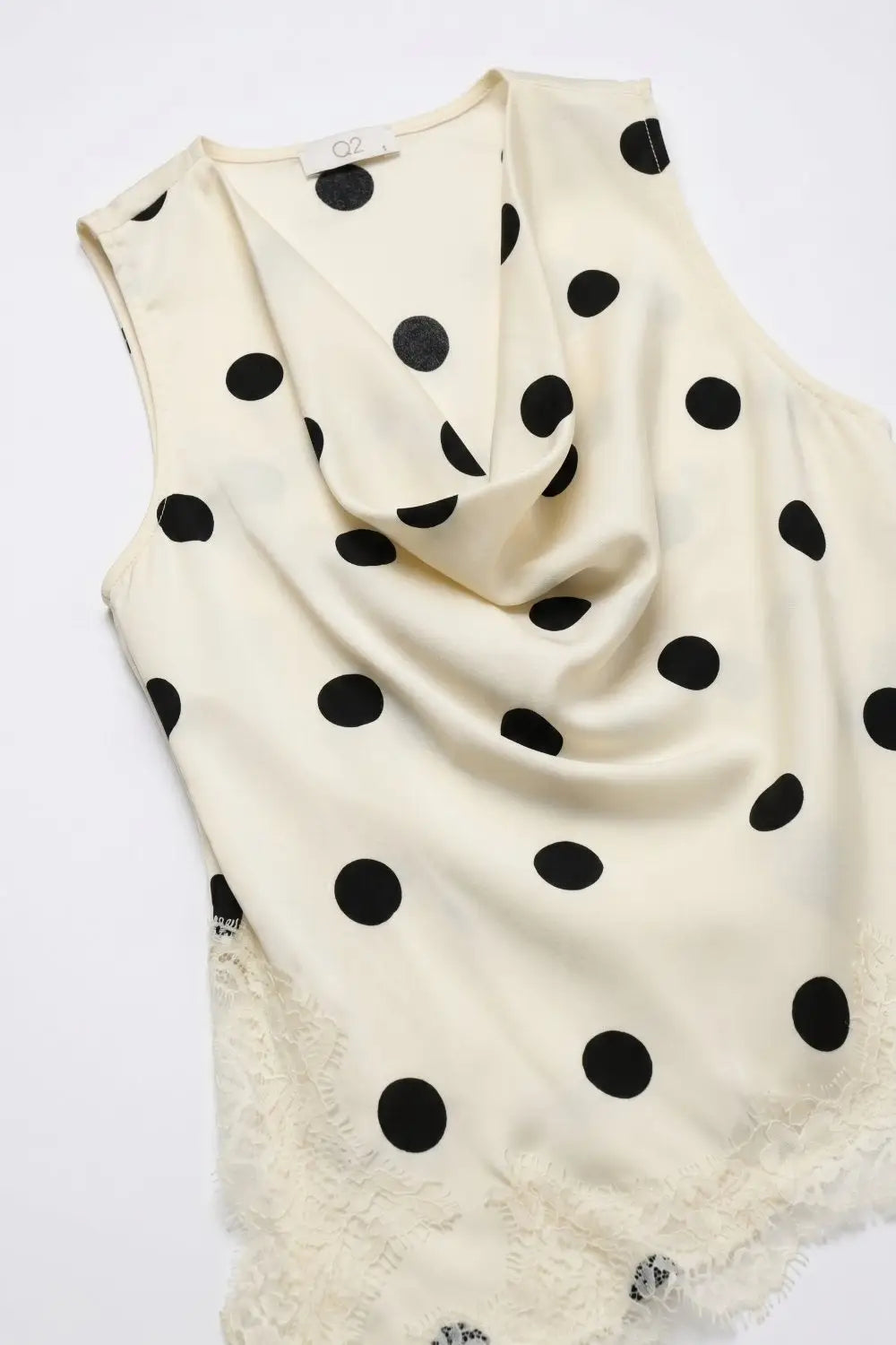 Cream Polka-Dot Satin Lace Trim Asymmetrical Sleeveless Top - Tops