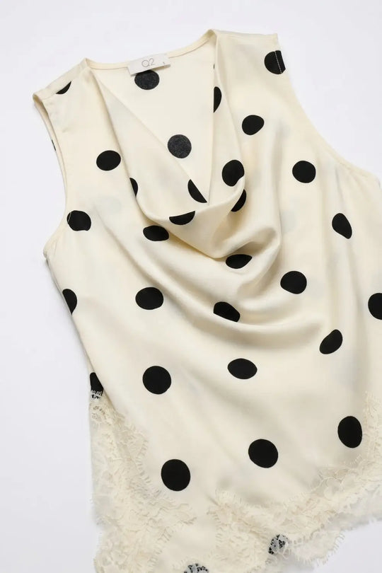 Cream Polka-Dot Satin Lace Trim Asymmetrical Sleeveless Top - Tops
