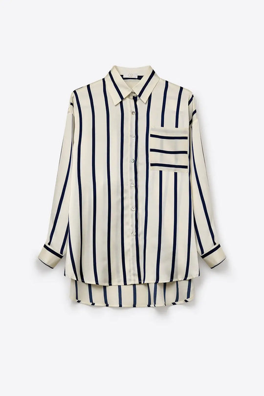 Cream Stripe Relaxed Fit Shirt in satin fabric with pocket - Shirts