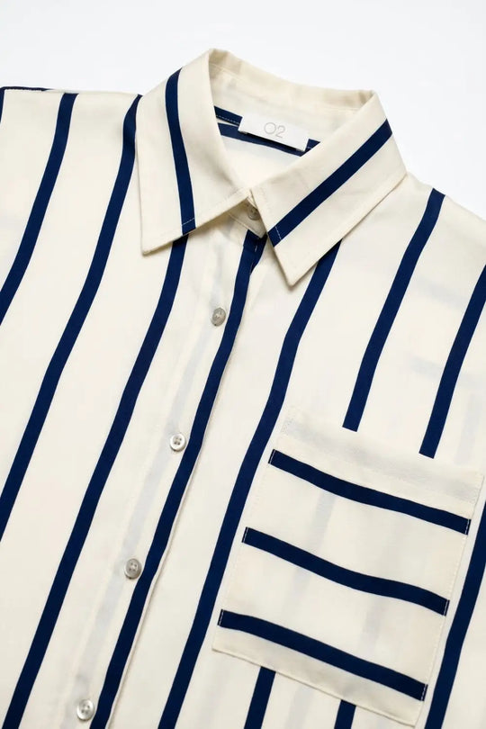 Cream Stripe Relaxed Fit Shirt in satin fabric with pocket - Shirts