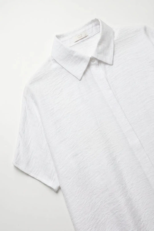 White Textured Cotton Short Sleeve Collared Relaxed Fit Shirt - Shirts