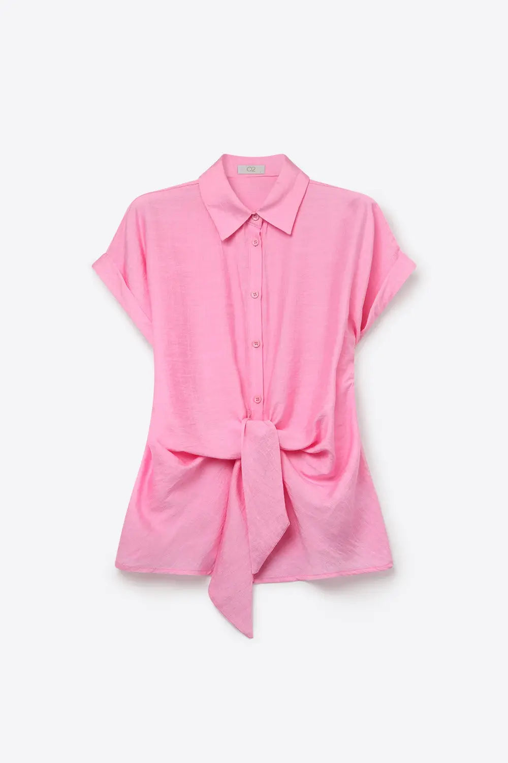 Pink Lightweight Woven Short Sleeve Shirt Top with Tie Front - Shirts