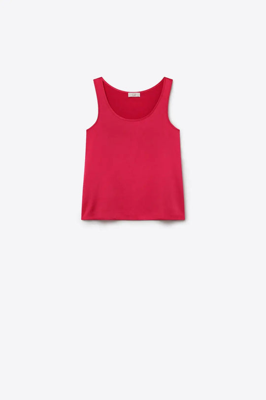 Fuchsia Satin Regular Fit Scoop Neck Sleeveless Tank Top - Tops