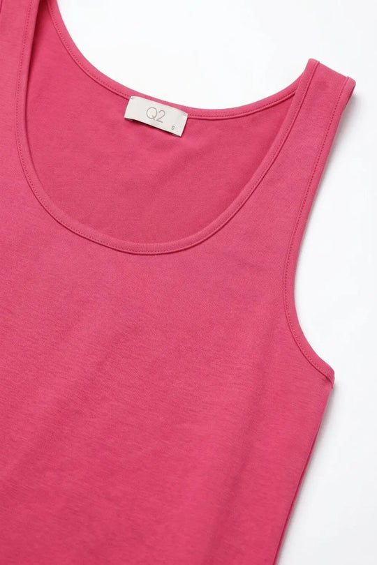 Fuchsia Satin Regular Fit Scoop Neck Sleeveless Tank Top - Tops