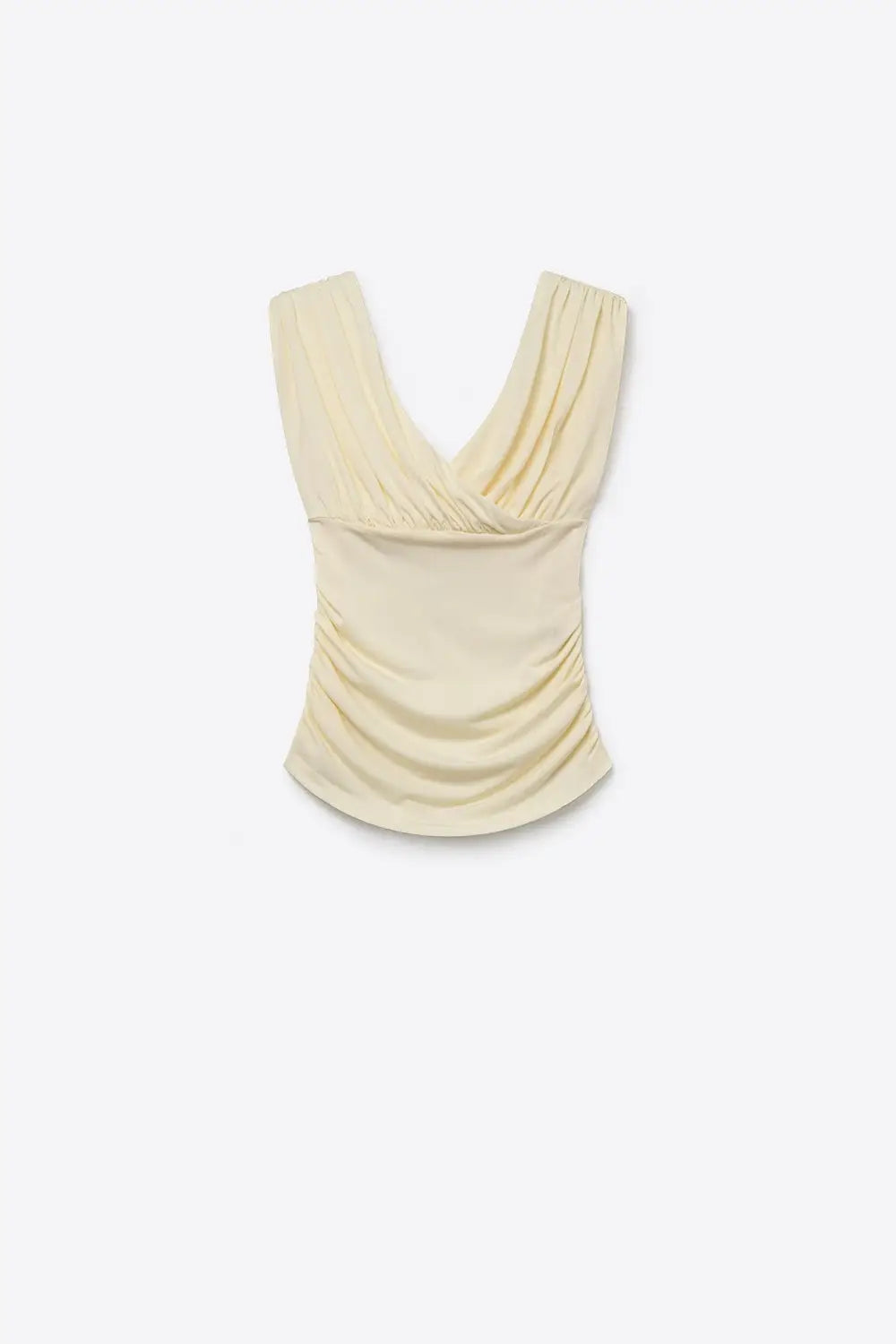 Cream Stretch fabric Sleeveless Top with Ruched Wrap Front - Tops