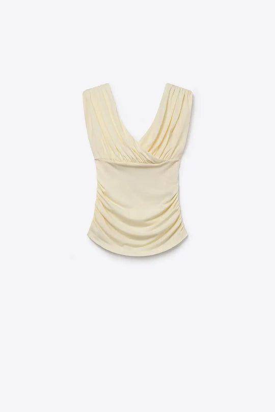 Cream Stretch fabric Sleeveless Top with Ruched Wrap Front - Tops