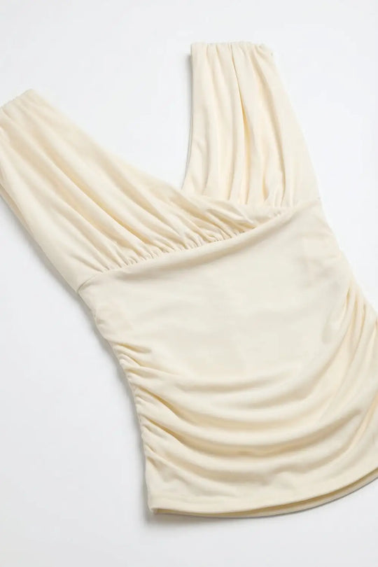 Cream Stretch fabric Sleeveless Top with Ruched Wrap Front - Tops