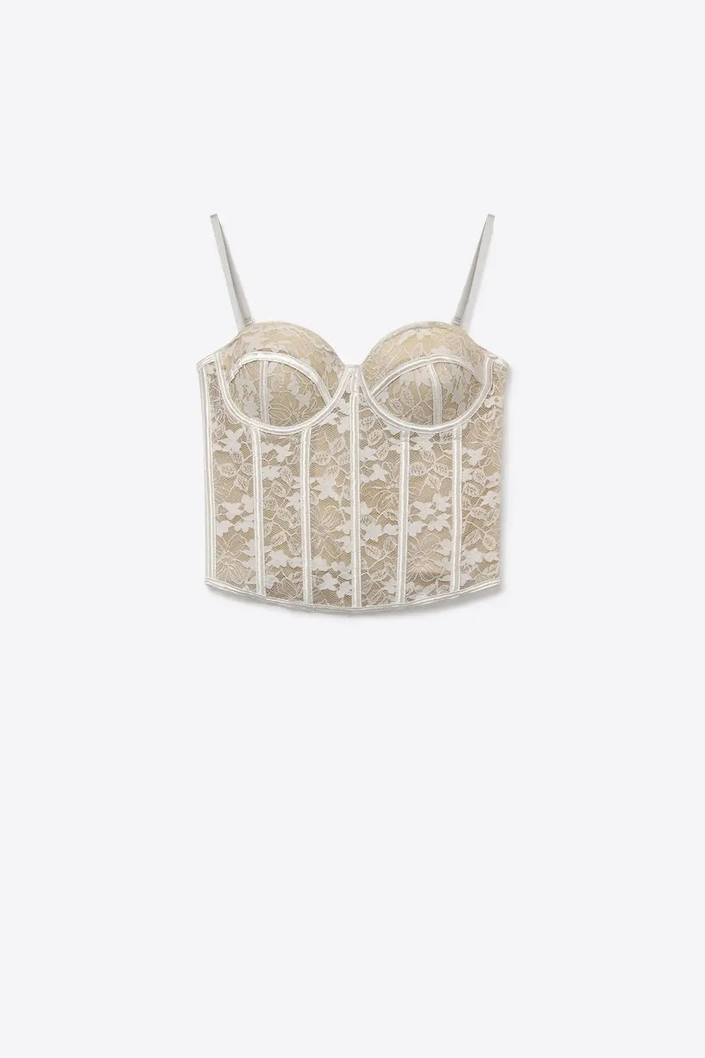White Floral Lace Sheer Boned Corset Fitted Bustier Bodysuit - Tops
