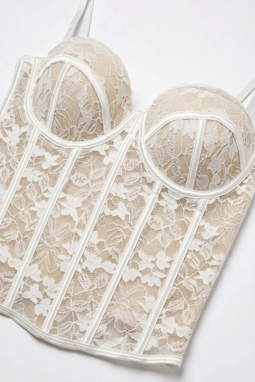 White Floral Lace Sheer Boned Corset Fitted Bustier Bodysuit - Tops
