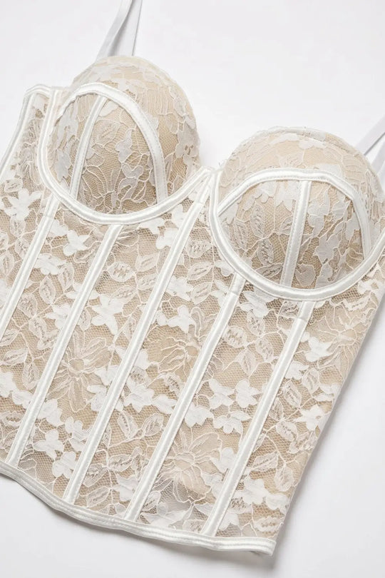 White Floral Lace Sheer Boned Corset Fitted Bustier Bodysuit - Tops