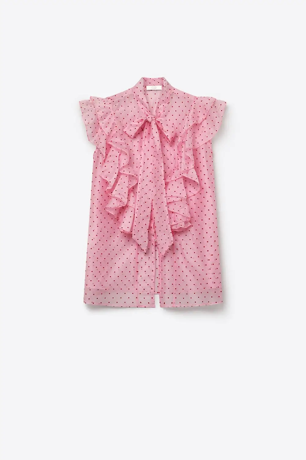 Light Pink Polka-Dot Chiffon Ruffle Bow Tie Sleeveless Blouse - Shirts