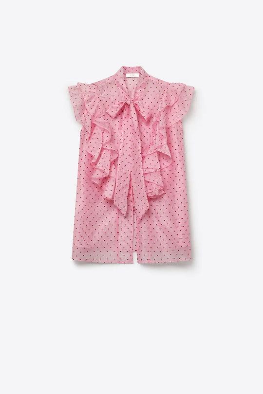 Light Pink Polka-Dot Chiffon Ruffle Bow Tie Sleeveless Blouse - Shirts