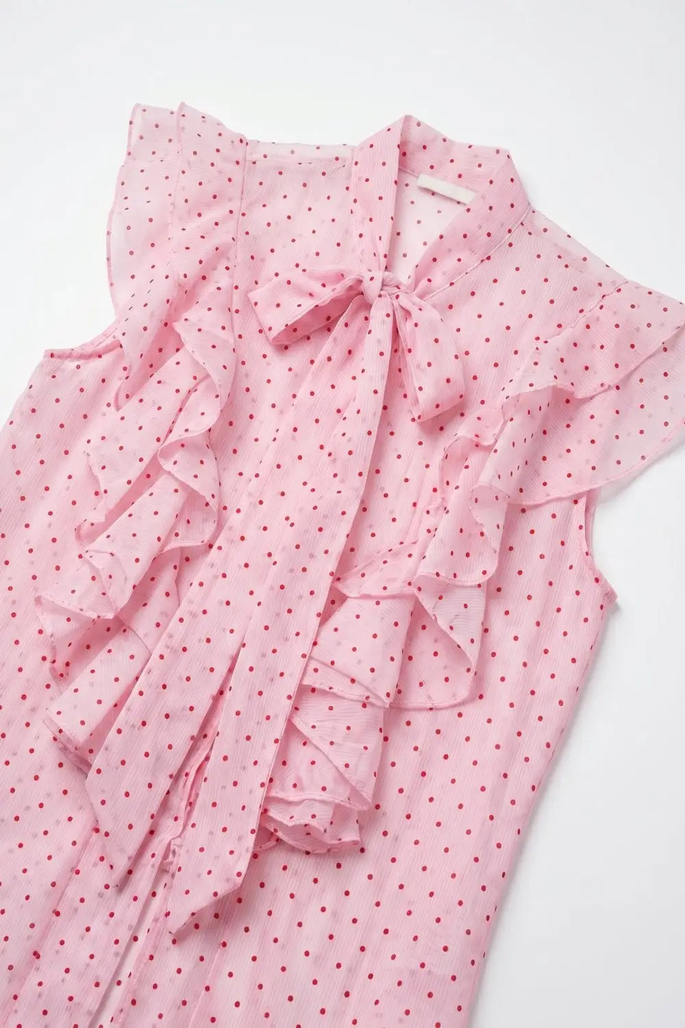 Light Pink Polka-Dot Chiffon Ruffle Bow Tie Sleeveless Blouse - Shirts