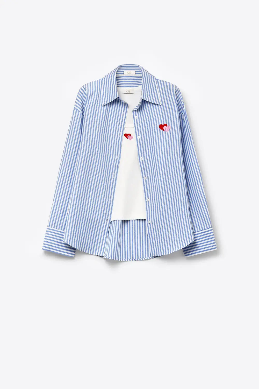 Blue Stripe Cotton Embroidered Heart Set t-shirt and shirt 2 pieces - BLUE / ONE - Shirts