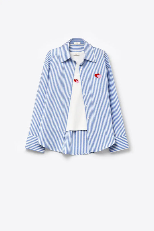 Blue Stripe Cotton Embroidered Heart Set t-shirt and shirt 2 pieces - BLUE / ONE - Shirts