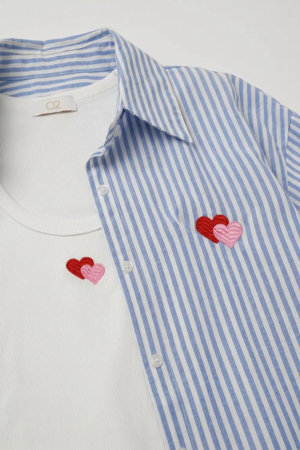 Blue Stripe Cotton Embroidered Heart Set t-shirt and shirt 2 pieces - BLUE / ONE - Shirts