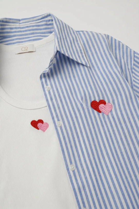 Blue Stripe Cotton Embroidered Heart Set t-shirt and shirt 2 pieces - BLUE / ONE - Shirts