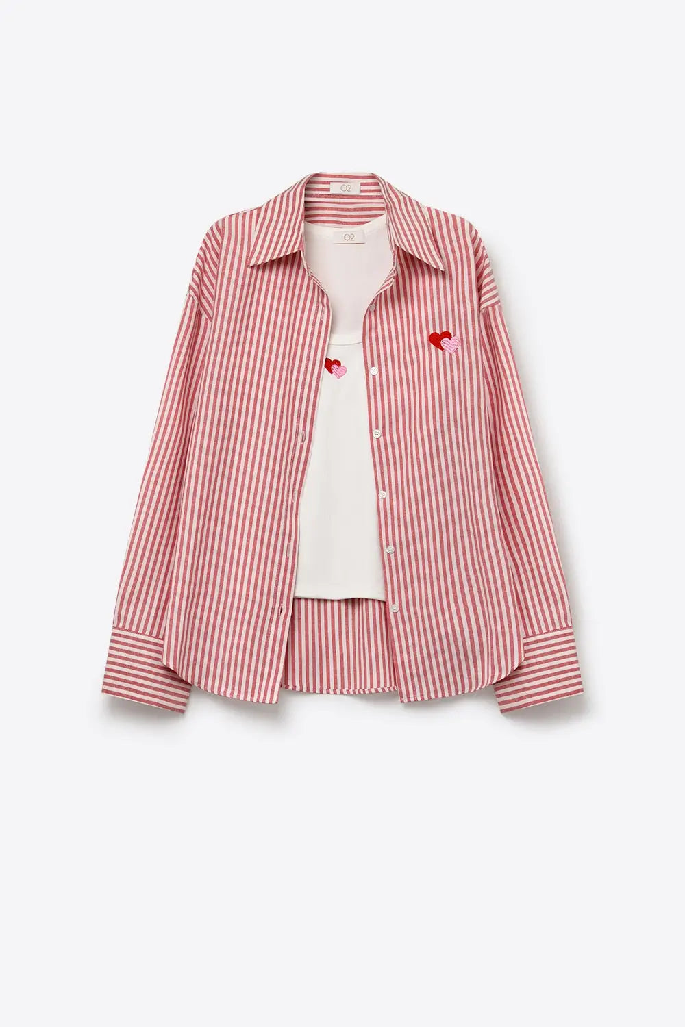 Red Stripe Cotton Embroidered Heart Set t-shirt and shirt 2 pieces - RED / ONE - Shirts