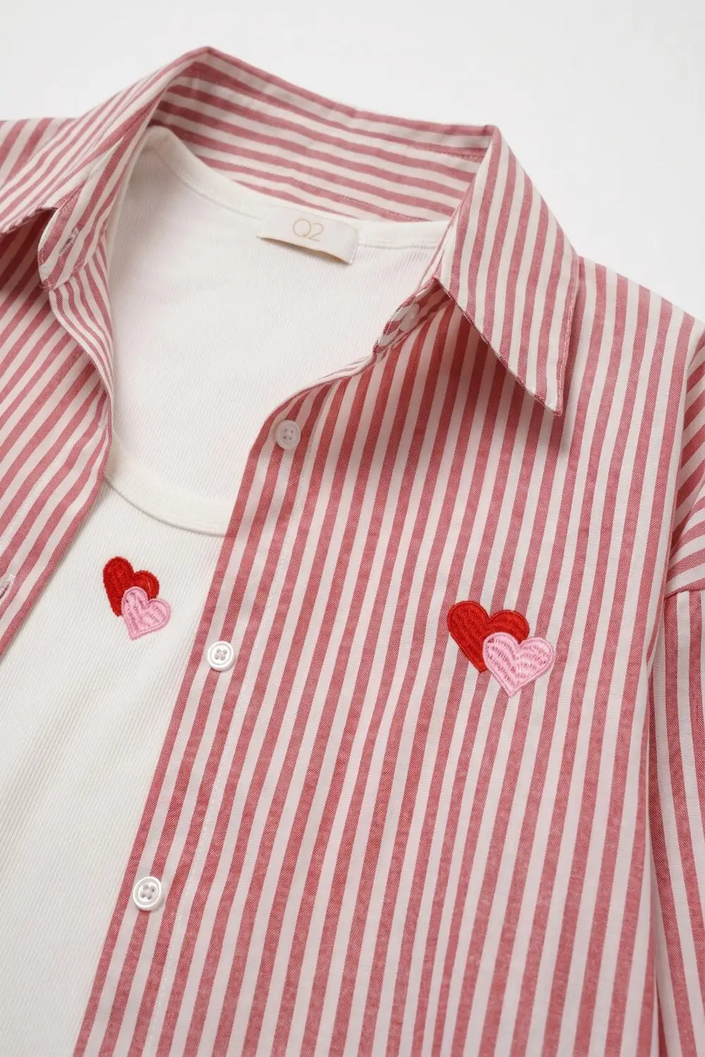 Red Stripe Cotton Embroidered Heart Set t-shirt and shirt 2 pieces - RED / ONE - Shirts
