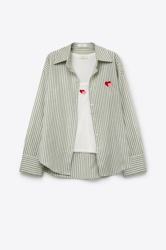 green Stripe Cotton Embroidered Heart Set t-shirt and shirt 2 pieces - GREEN / ONE - Shirts