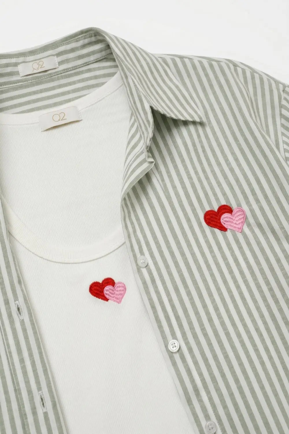 green Stripe Cotton Embroidered Heart Set t-shirt and shirt 2 pieces - GREEN / ONE - Shirts