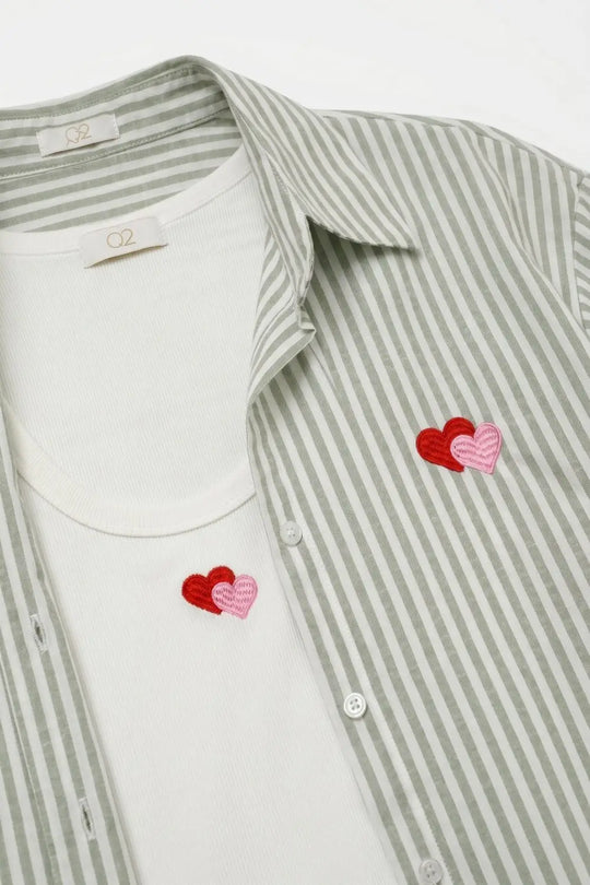 green Stripe Cotton Embroidered Heart Set t-shirt and shirt 2 pieces - GREEN / ONE - Shirts