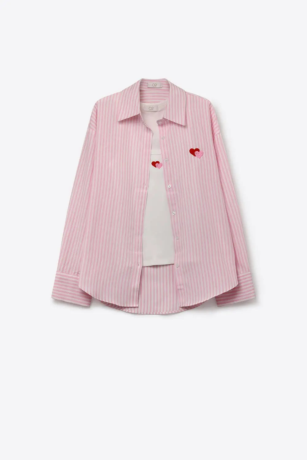 Pink Stripe Cotton Embroidered Heart Set t-shirt and shirt 2 pieces - PINK / ONE - Shirts