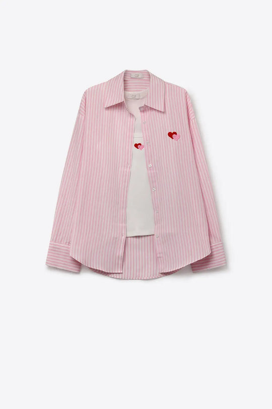 Pink Stripe Cotton Embroidered Heart Set t-shirt and shirt 2 pieces - PINK / ONE - Shirts