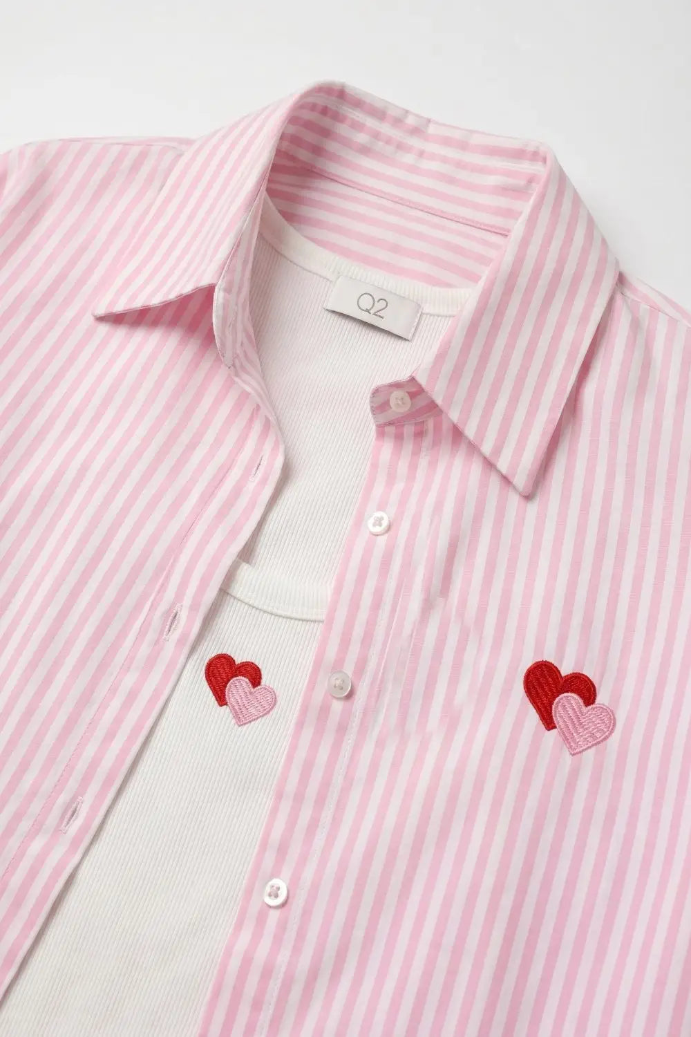 Pink Stripe Cotton Embroidered Heart Set t-shirt and shirt 2 pieces - PINK / ONE - Shirts