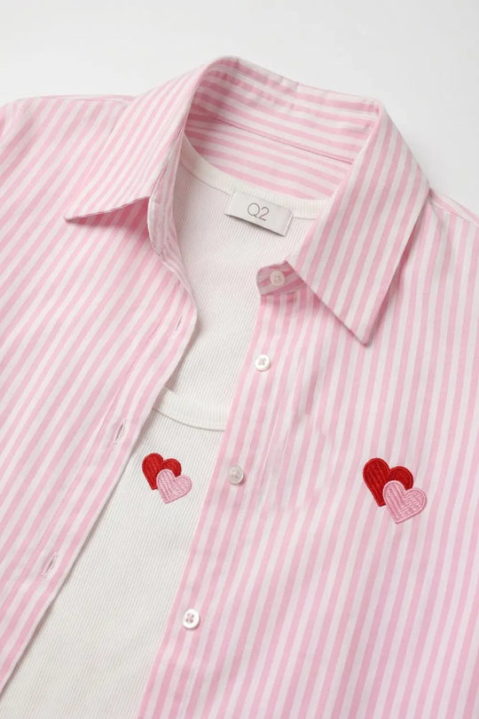 Pink Stripe Cotton Embroidered Heart Set t-shirt and shirt 2 pieces - PINK / ONE - Shirts