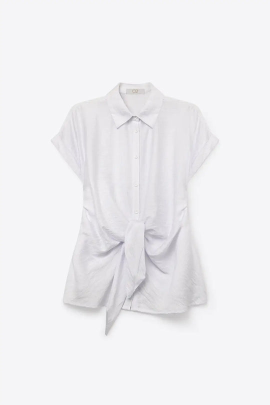 White Lightweight Woven Short Sleeve Shirt Top with Tie Front - Shirts
