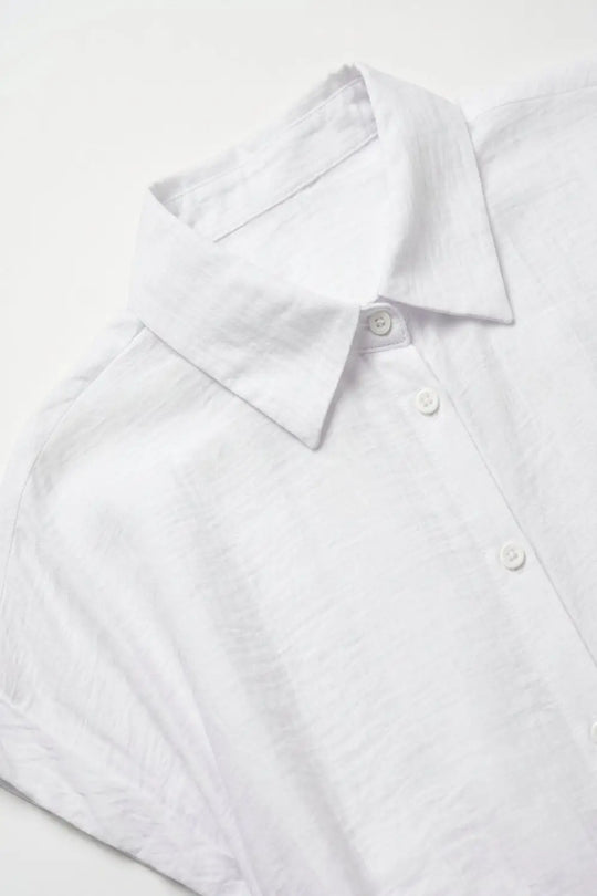 White Lightweight Woven Short Sleeve Shirt Top with Tie Front - Shirts