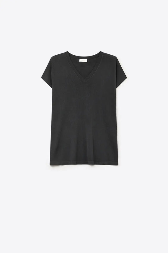 Black Fine Knit V-Neck Sweater with Short Sleeves - BLACK / ONE - Sweaters