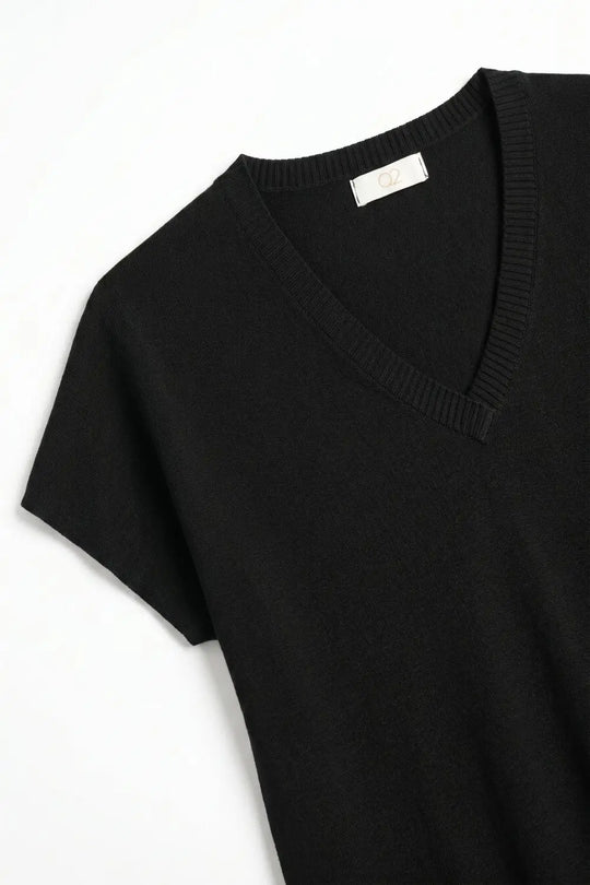 Black Fine Knit V-Neck Sweater with Short Sleeves - BLACK / ONE - Sweaters
