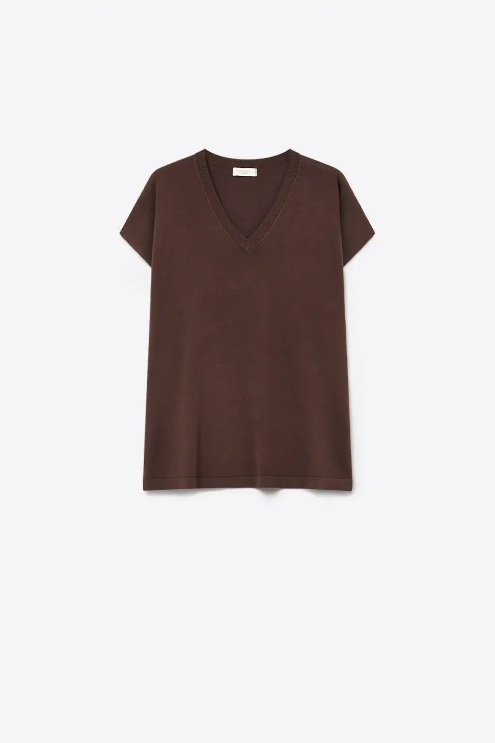 Brown Fine Knit V-Neck Short Sleeve Sweater - BROWN / ONE - Tops