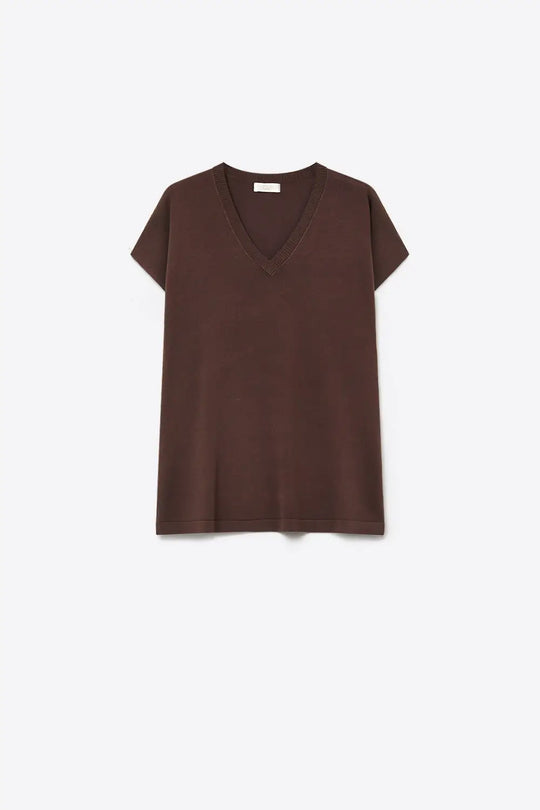 Brown Fine Knit V-Neck Short Sleeve Sweater - BROWN / ONE - Tops