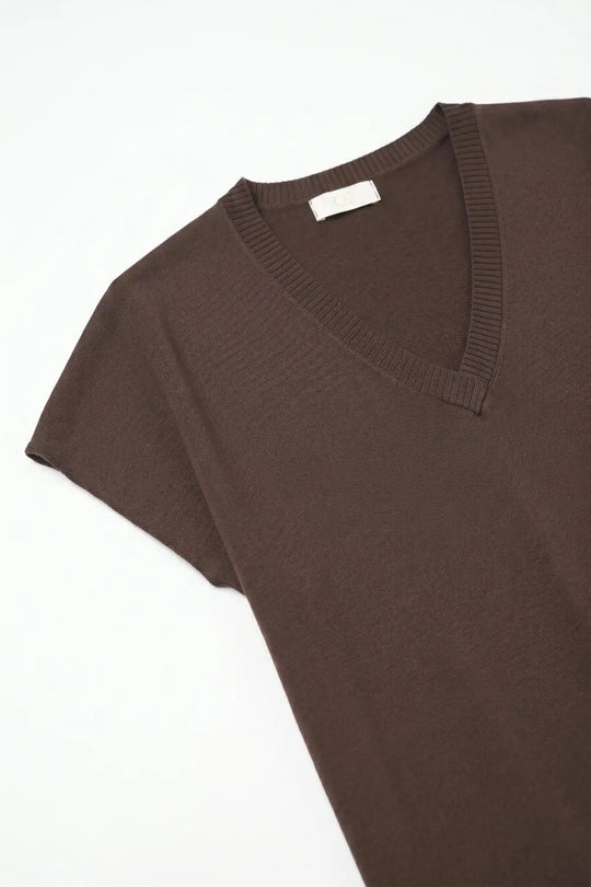 Brown Fine Knit V-Neck Short Sleeve Sweater - BROWN / ONE - Tops