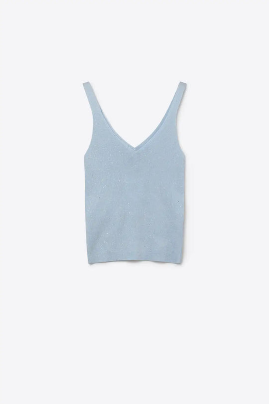 Light Blue Fine Knit Glitter Detail V-Neck Sleeveless Top - BLUE / ONE - Tops