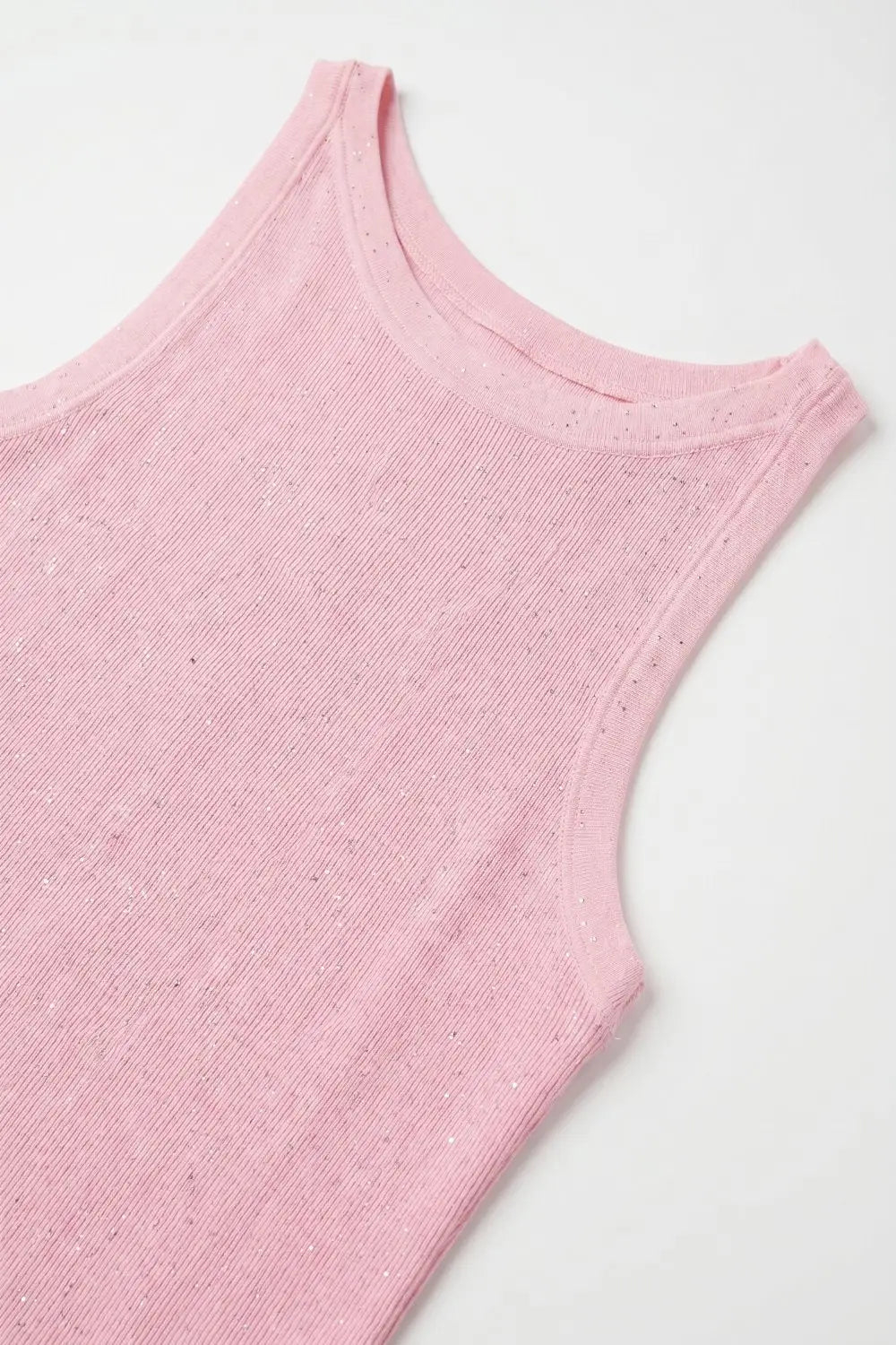 Pink Ribbed Knit Glitter Sleeveless Regular Fit Tank Top - PINK / ONE - Tops