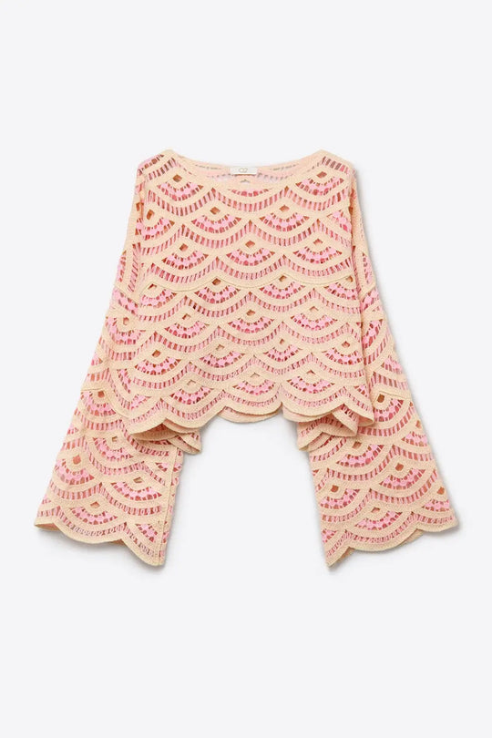 Beige Pink Crochet Geo Pattern Scallop Hem Wide Sleeve Top - PINK / ONE - Sweaters