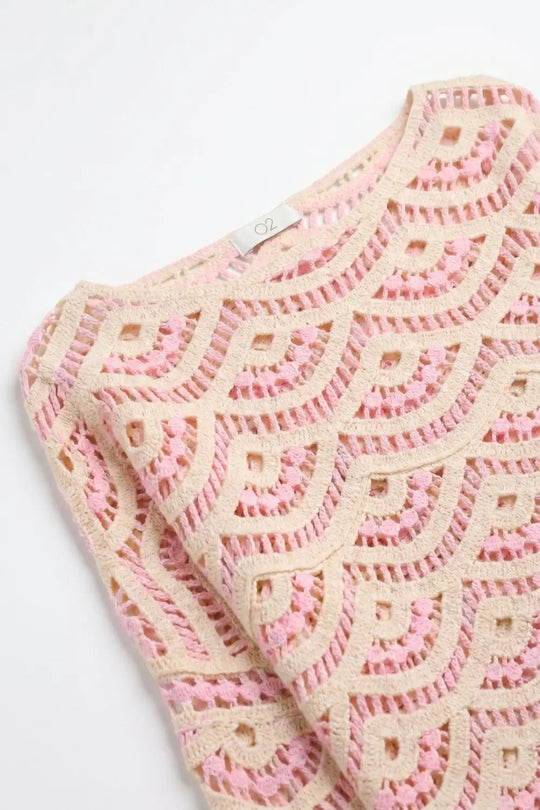 Beige Pink Crochet Geo Pattern Scallop Hem Wide Sleeve Top - PINK / ONE - Sweaters