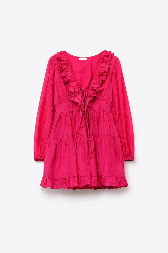 Fuschia Crinkle Chiffon Ruffle V-Neck Tie Waist Mini Dress - Dresses