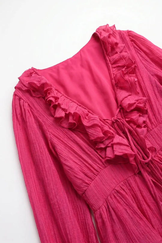 Fuschia Crinkle Chiffon Ruffle V-Neck Tie Waist Mini Dress - Dresses
