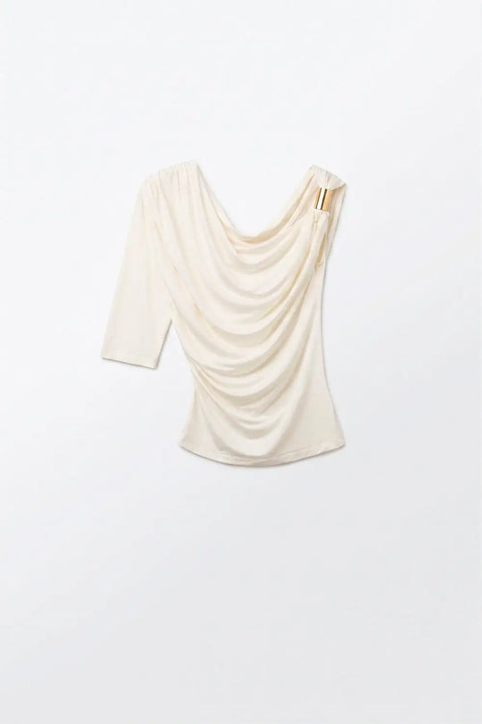 Cream one sleeve Top in elastic viscose with Gold Accent Detail - Tops