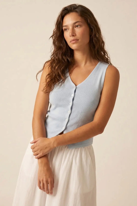 Light Blue Ribbed Knit Sleeveless Button vest - BLUE / ONE - Tops