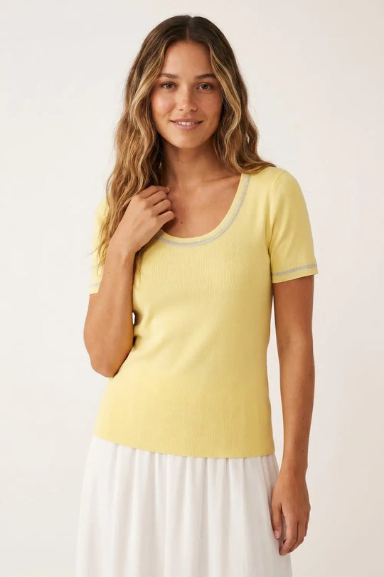 Yellow Ribbed Knit Scoop Neck sweater with shiny lurex trim - YELLOW / ONE - Tops