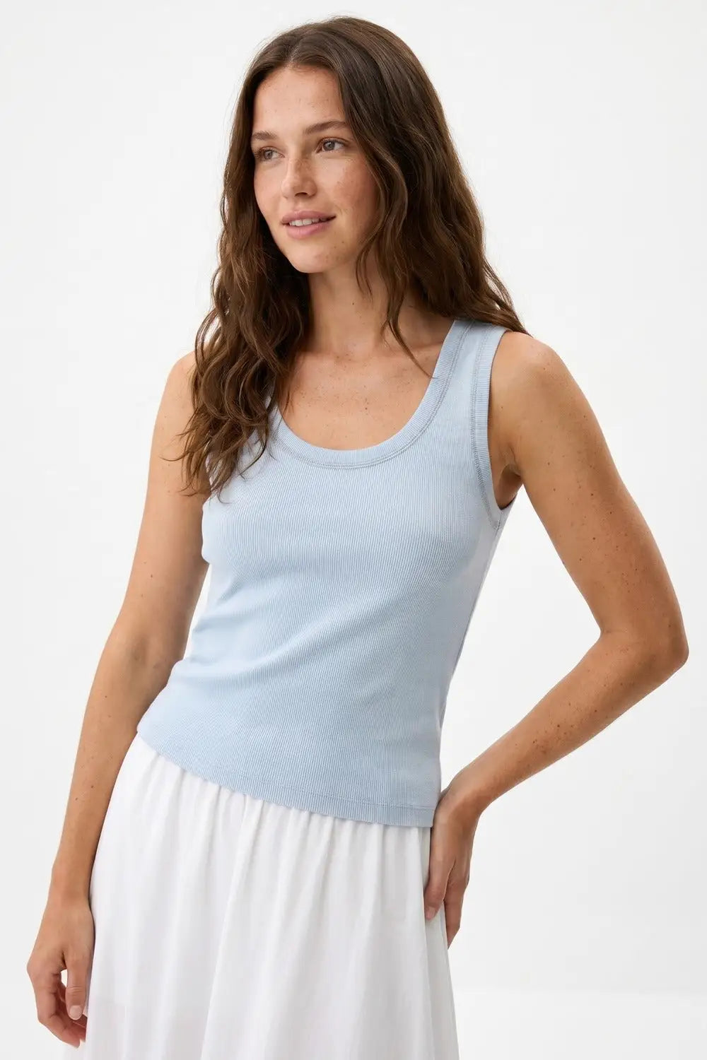 Light Blue Ribbed Knit Tank Top with Metallic Trim - BLUE / ONE - Tops