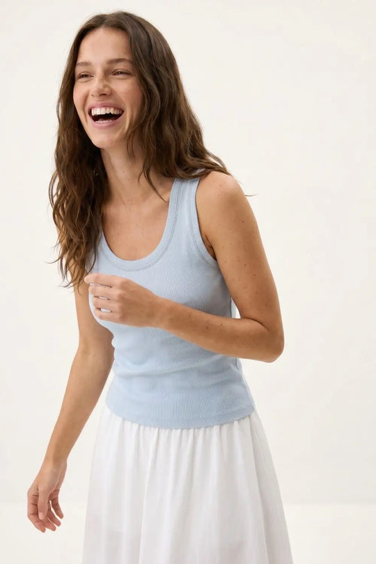 Light Blue Ribbed Knit Tank Top with Metallic Trim - BLUE / ONE - Tops