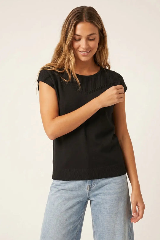 Black Knit Cap Sleeve Top with Textured Yoke Detail - BLACK / ONE - Sweaters